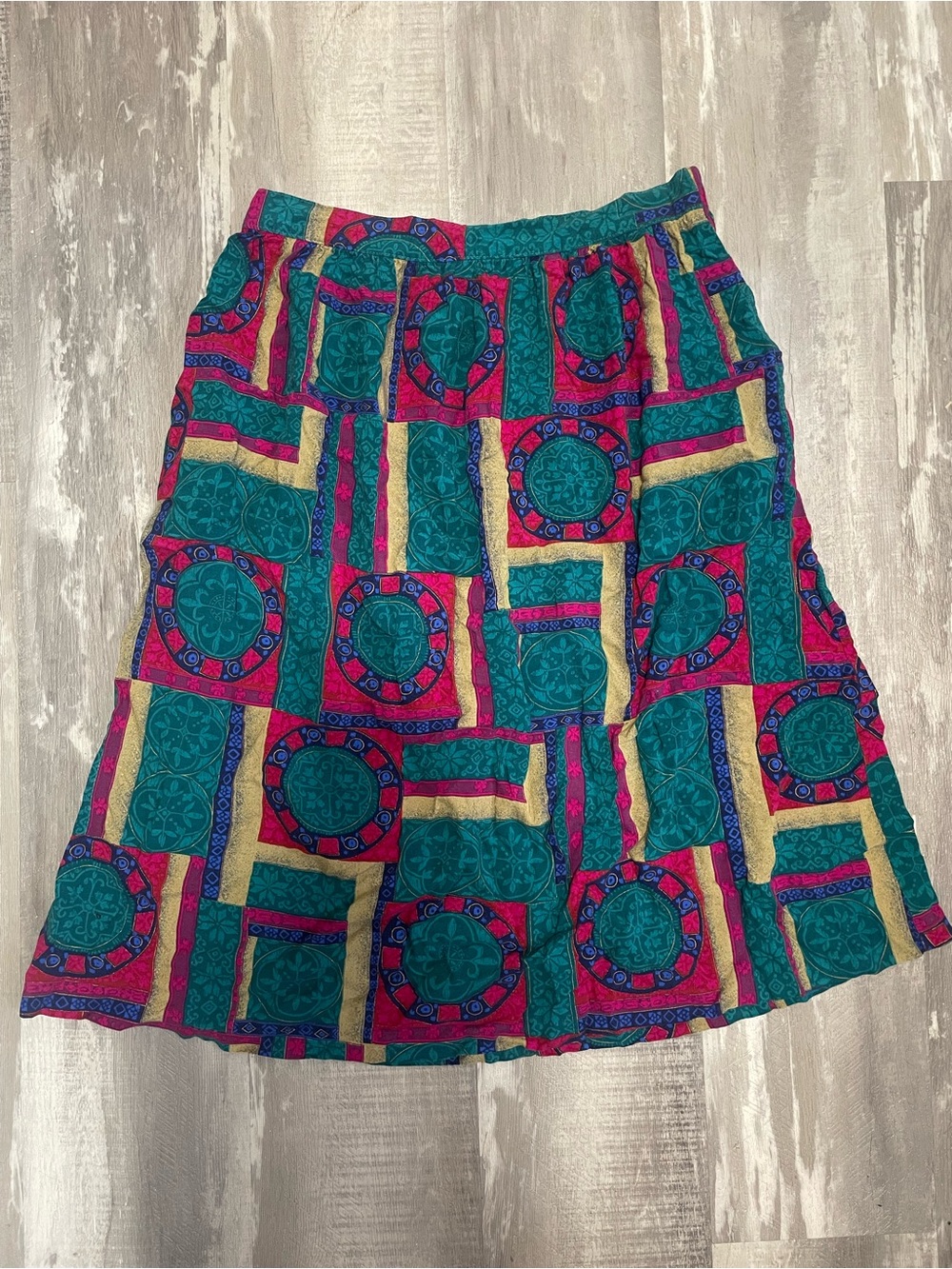 Vintage 90s Fun City Finale Collections Geometric Patchwork Rayon A-Line Skirt